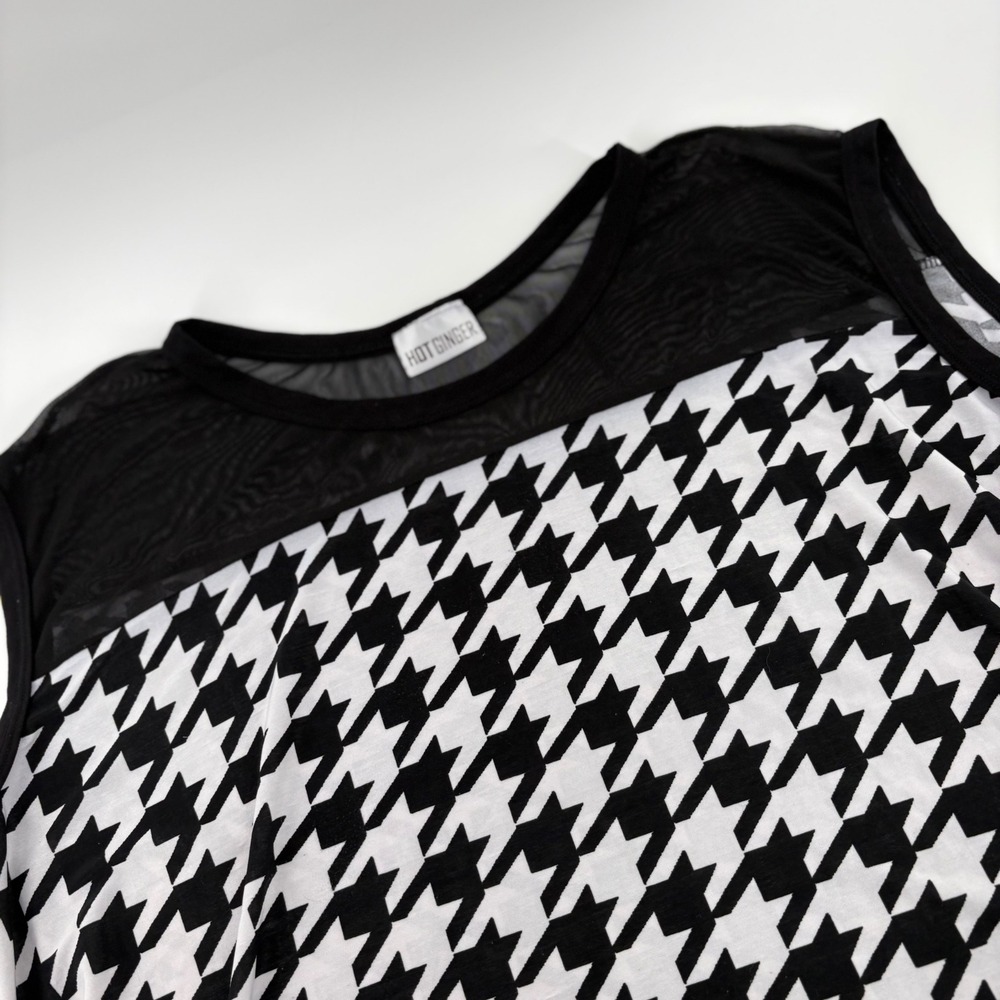 Hot Ginger Houndstooth Mesh Yoke Sleeveless‎ Top 1X Black White High Low